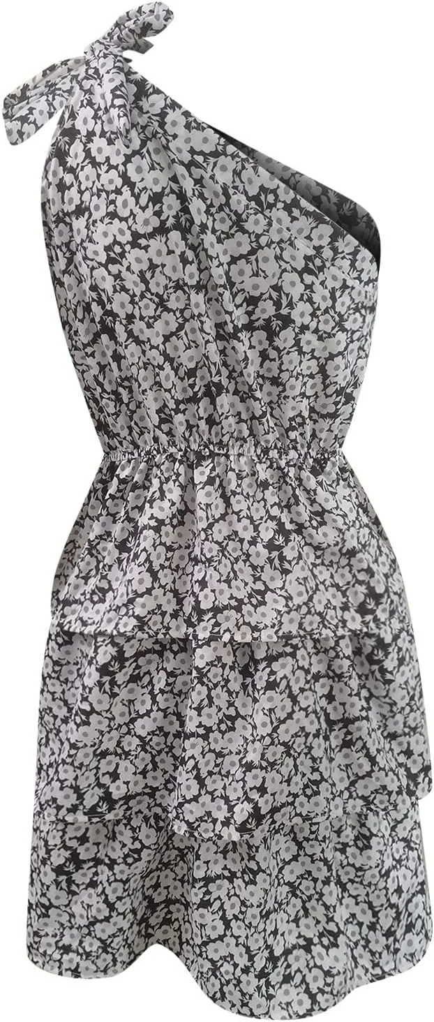 SERYU Women's Summer Tie One Shoulder Boho Floral Mini Dress Elastic Waist Tiered Ruffle A Line Flowy Dresses