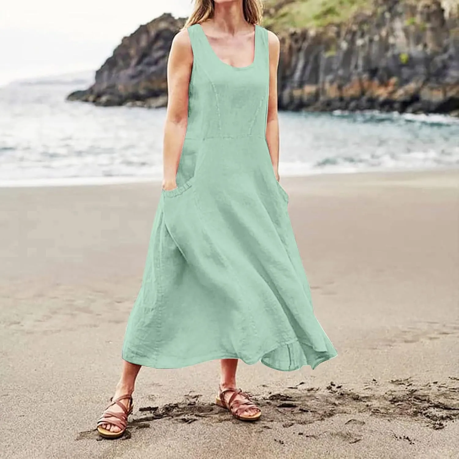 SGASY Summer Dresses for Women 2025 Sleeveless Casual Cotton Linen Sundress Plus Size Maxi Tank Beach Dress with Pocket