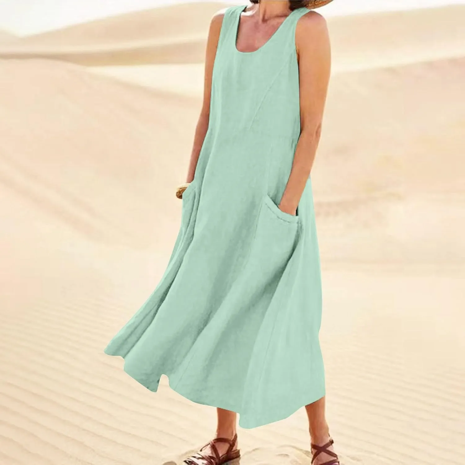 SGASY Summer Dresses for Women 2025 Sleeveless Casual Cotton Linen Sundress Plus Size Maxi Tank Beach Dress with Pocket