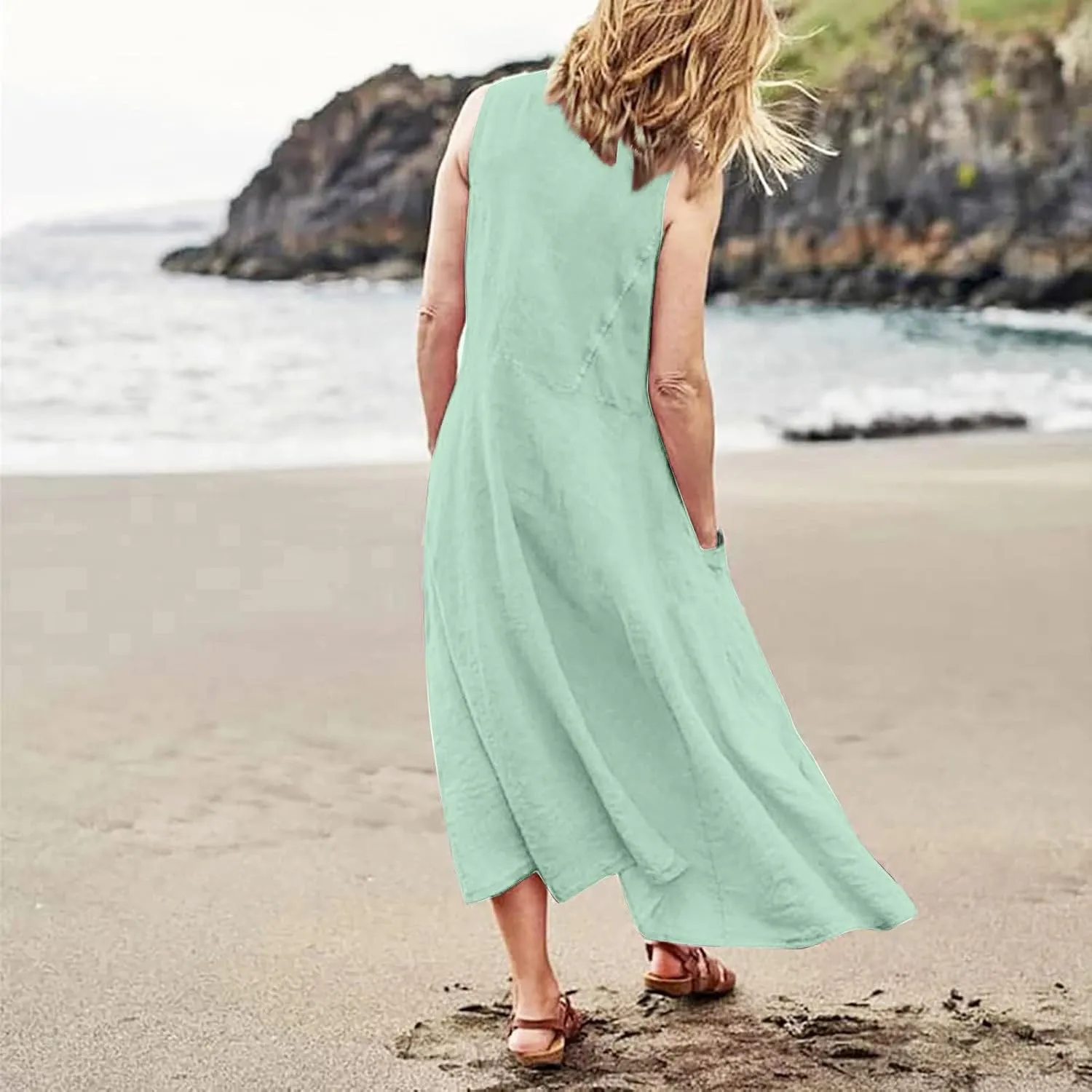 SGASY Summer Dresses for Women 2025 Sleeveless Casual Cotton Linen Sundress Plus Size Maxi Tank Beach Dress with Pocket