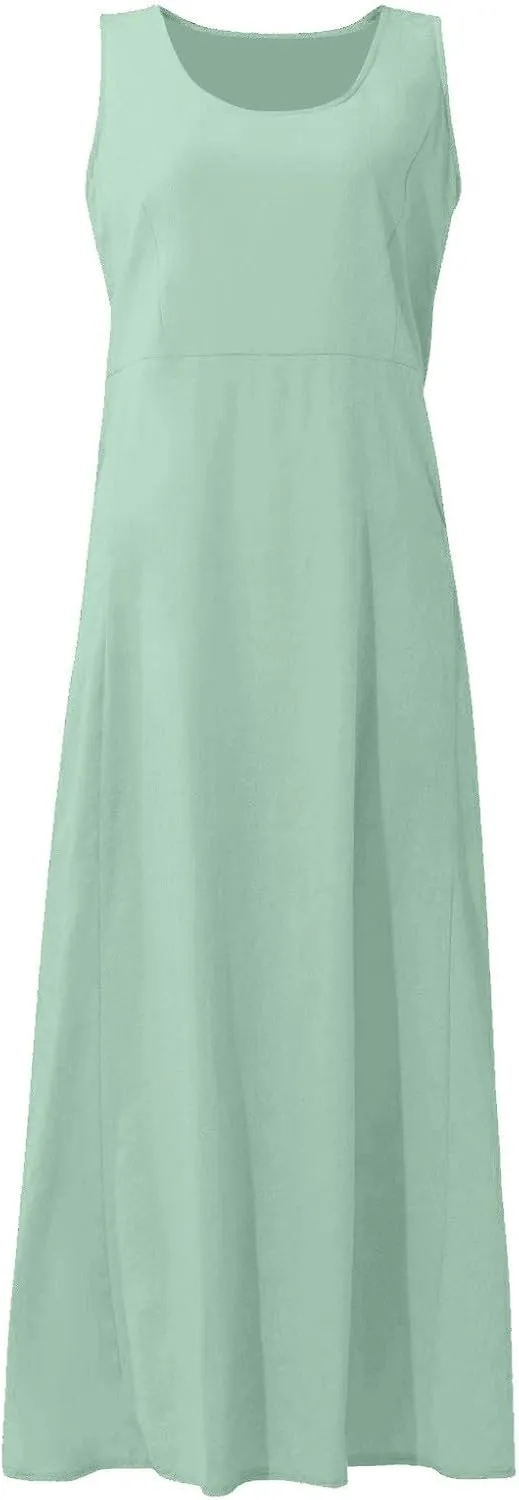 SGASY Summer Dresses for Women 2025 Sleeveless Casual Cotton Linen Sundress Plus Size Maxi Tank Beach Dress with Pocket