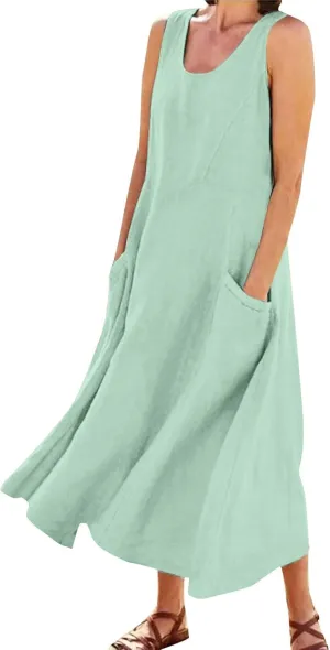 SGASY Summer Dresses for Women 2025 Sleeveless Casual Cotton Linen Sundress Plus Size Maxi Tank Beach Dress with Pocket