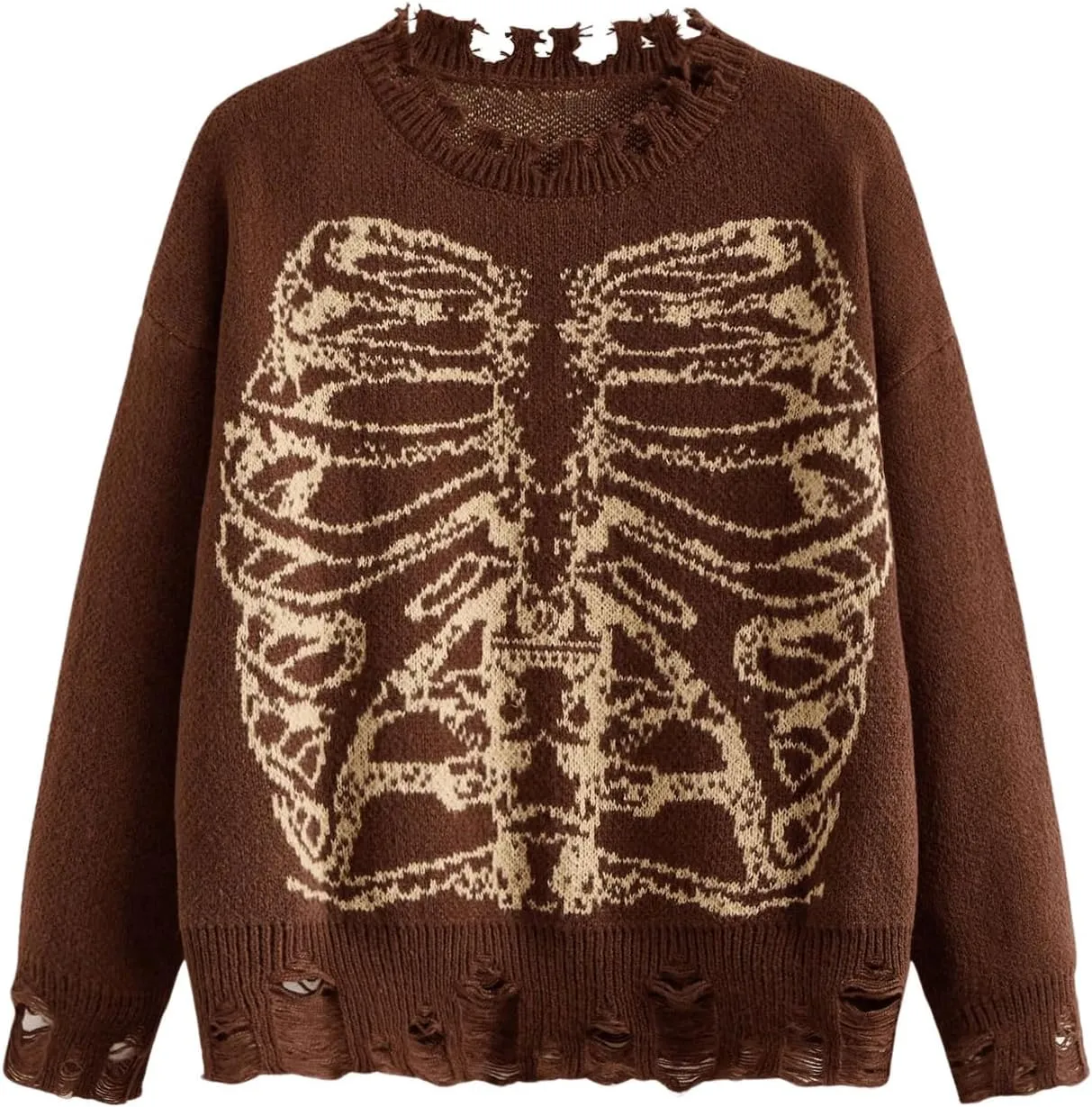 SHENHE Women's Oversized Skeleton Pattern Ripped Round Neck Sweater Pullover