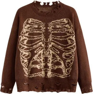 SHENHE Women's Oversized Skeleton Pattern Ripped Round Neck Sweater Pullover