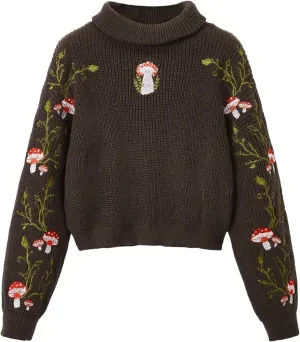 SHENHE Women's Plus Size Turtleneck Long Sleeve Embroidered Mushroom Knitted Sweater Pullover