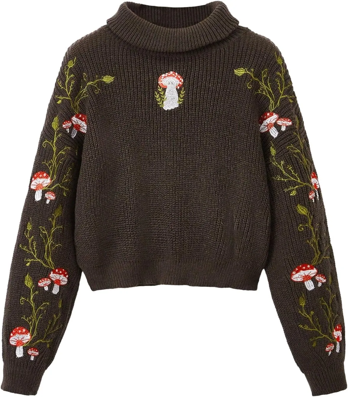SHENHE Women's Plus Size Turtleneck Long Sleeve Embroidered Mushroom Knitted Sweater Pullover