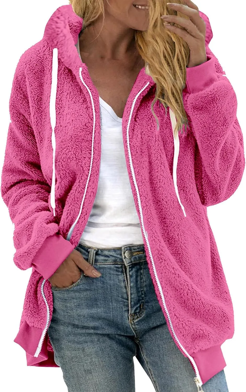 Sherpa Fleece Jacket For Women Full Zip Oversized Long Sleeve Hooded Fuzzy Cardigan Coat Fashion Winter Outwear
