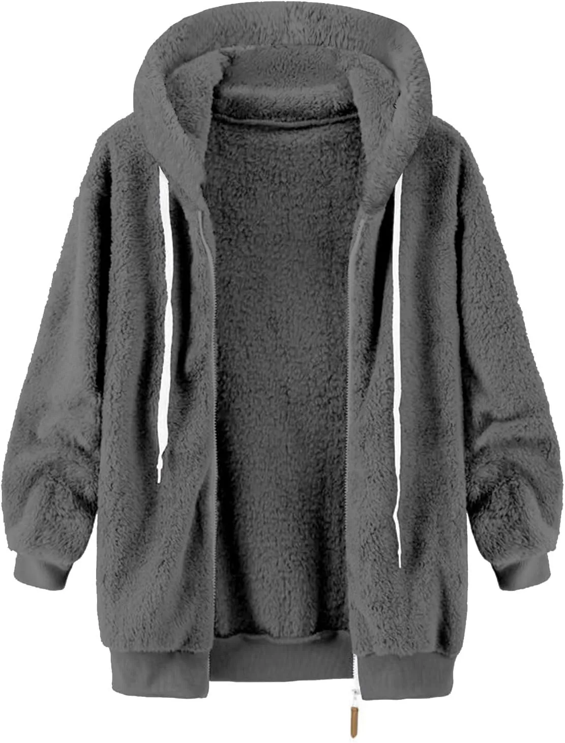 Sherpa Fleece Jacket For Women Full Zip Oversized Long Sleeve Hooded Fuzzy Cardigan Coat Fashion Winter Outwear