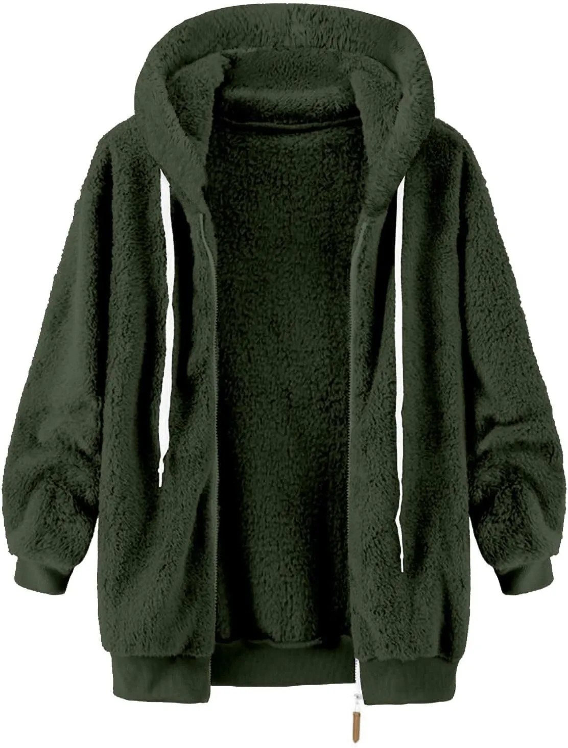 Sherpa Fleece Jacket For Women Full Zip Oversized Long Sleeve Hooded Fuzzy Cardigan Coat Fashion Winter Outwear