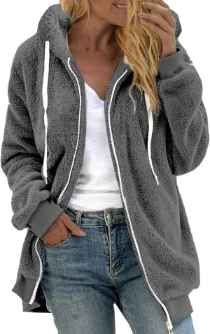 Sherpa Fleece Jacket For Women Full Zip Oversized Long Sleeve Hooded Fuzzy Cardigan Coat Fashion Winter Outwear
