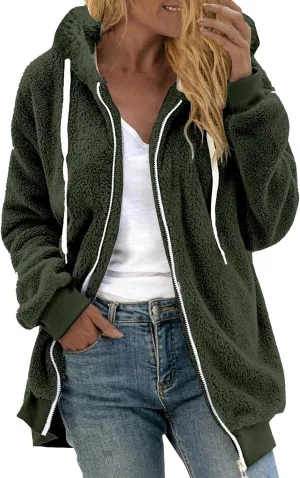 Sherpa Fleece Jacket For Women Full Zip Oversized Long Sleeve Hooded Fuzzy Cardigan Coat Fashion Winter Outwear
