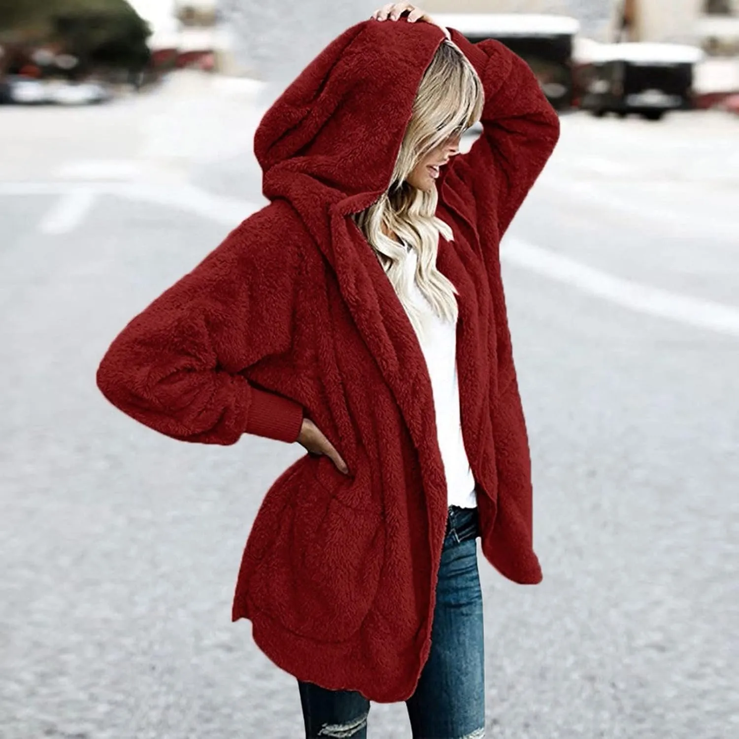Sherpa Jacket Women Fuzzy Long Sleeve Open Front Hooded Cardigans Hoodies Shaggy Fleece Jackets Winter Faux Fur Coat
