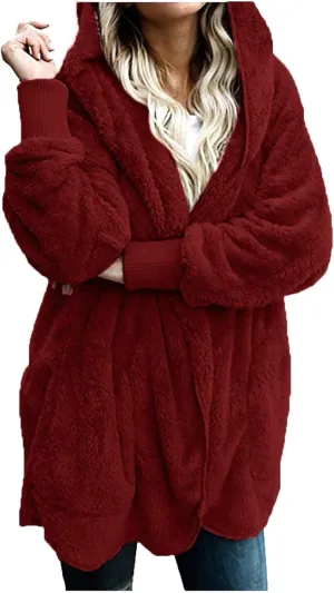 Sherpa Jacket Women Fuzzy Long Sleeve Open Front Hooded Cardigans Hoodies Shaggy Fleece Jackets Winter Faux Fur Coat