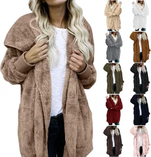 Sherpa Jacket Women Fuzzy Long Sleeve Open Front Hooded Cardigans Hoodies Shaggy Fleece Jackets Winter Faux Fur Coat