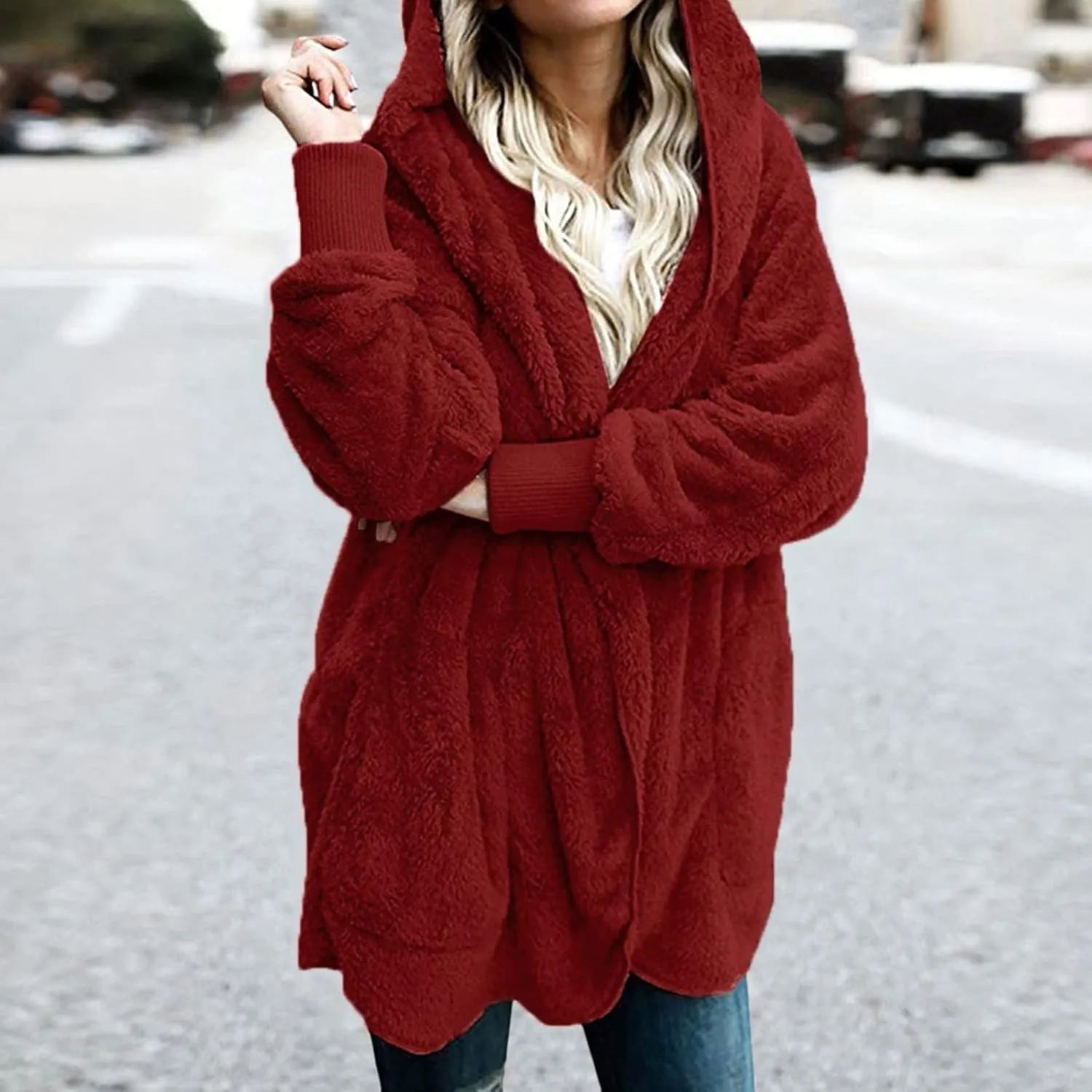 Sherpa Jacket Women Fuzzy Long Sleeve Open Front Hooded Cardigans Hoodies Shaggy Fleece Jackets Winter Faux Fur Coat