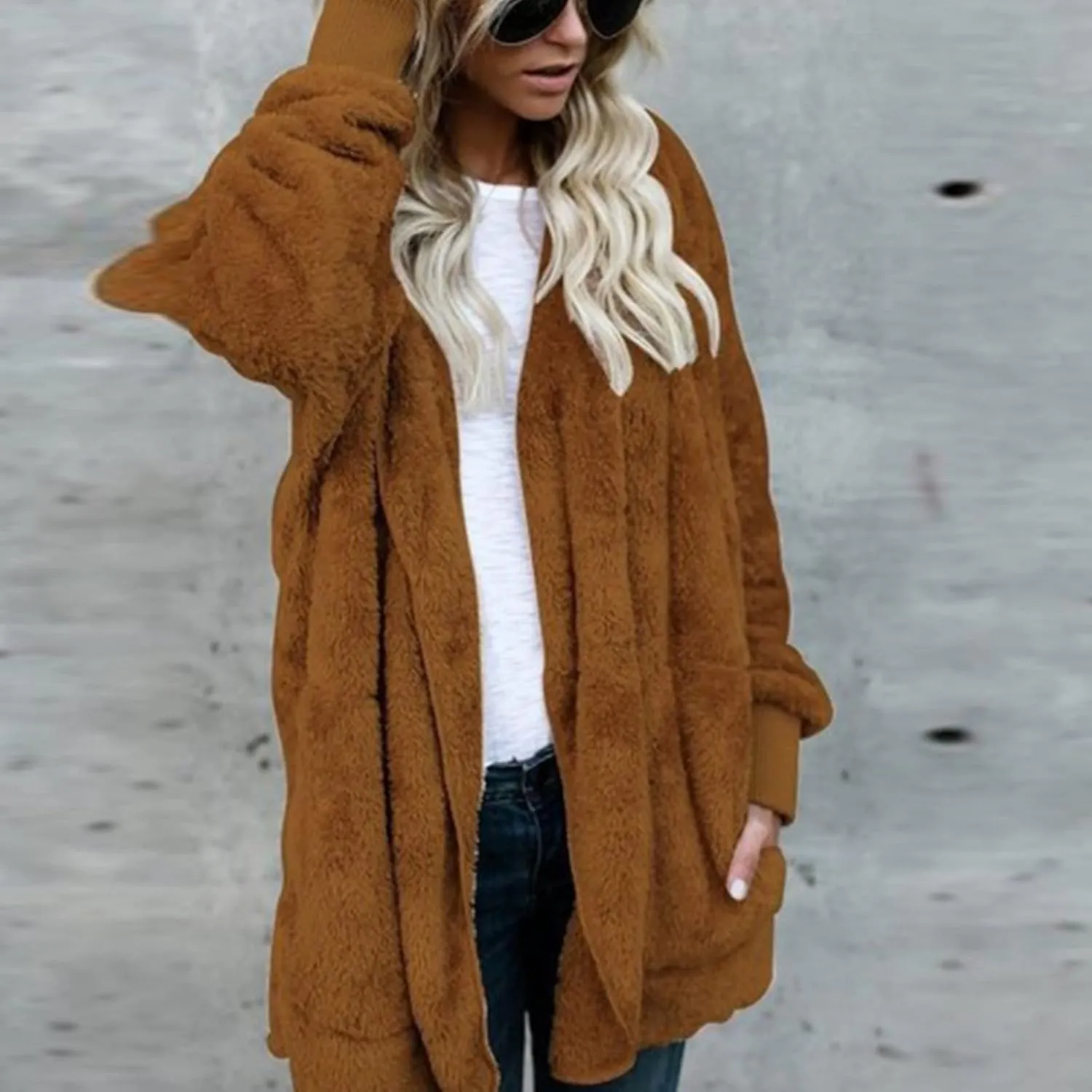 Sherpa Jacket Women Fuzzy Long Sleeve Open Front Hooded Cardigans Hoodies Shaggy Fleece Jackets Winter Faux Fur Coat