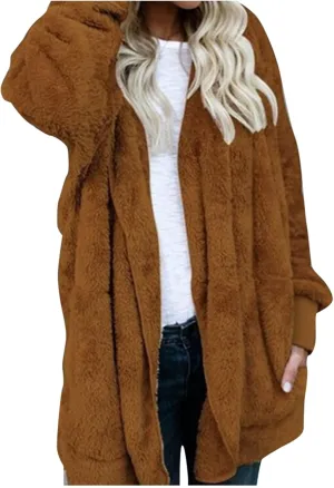 Sherpa Jacket Women Fuzzy Long Sleeve Open Front Hooded Cardigans Hoodies Shaggy Fleece Jackets Winter Faux Fur Coat