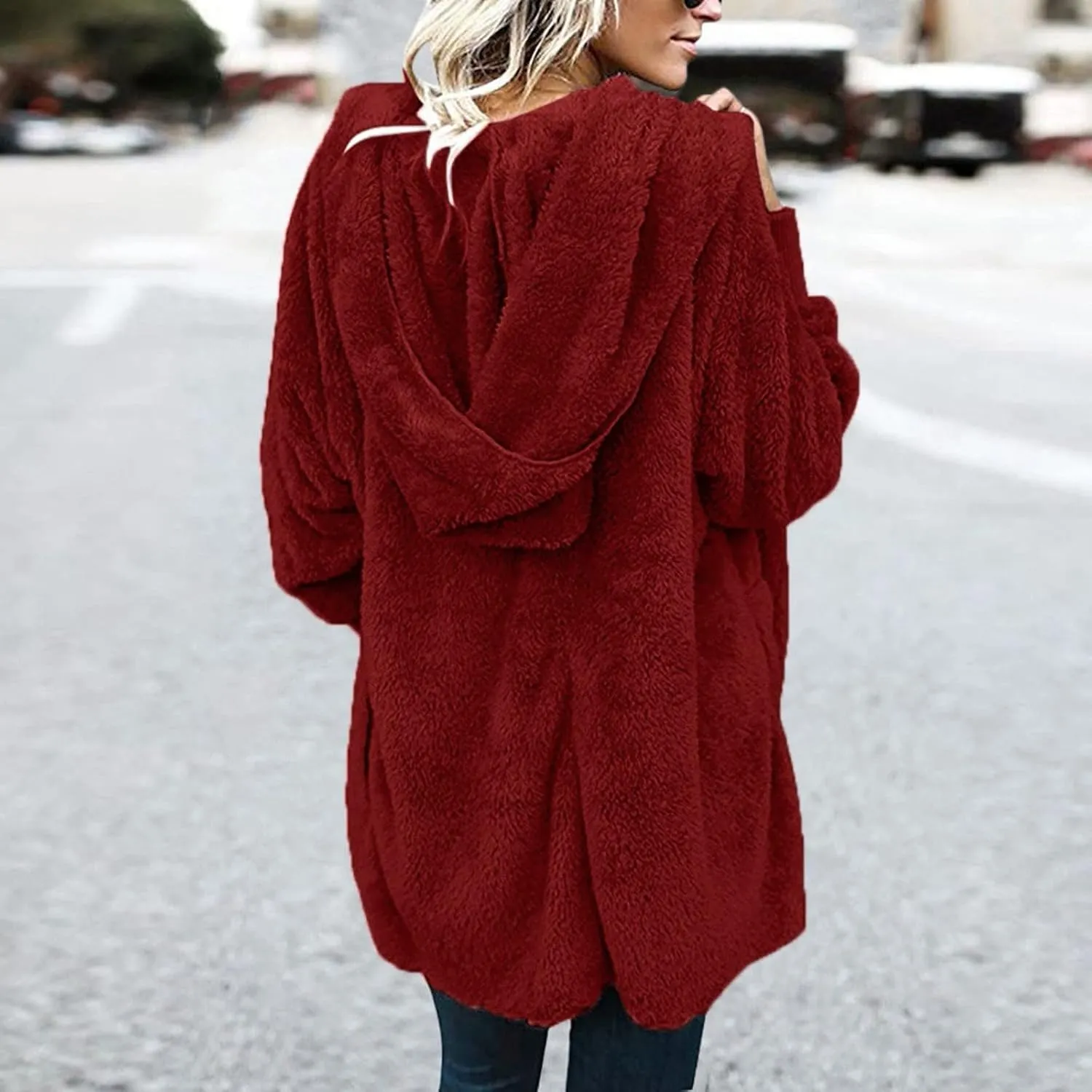 Sherpa Jacket Women Fuzzy Long Sleeve Open Front Hooded Cardigans Hoodies Shaggy Fleece Jackets Winter Faux Fur Coat