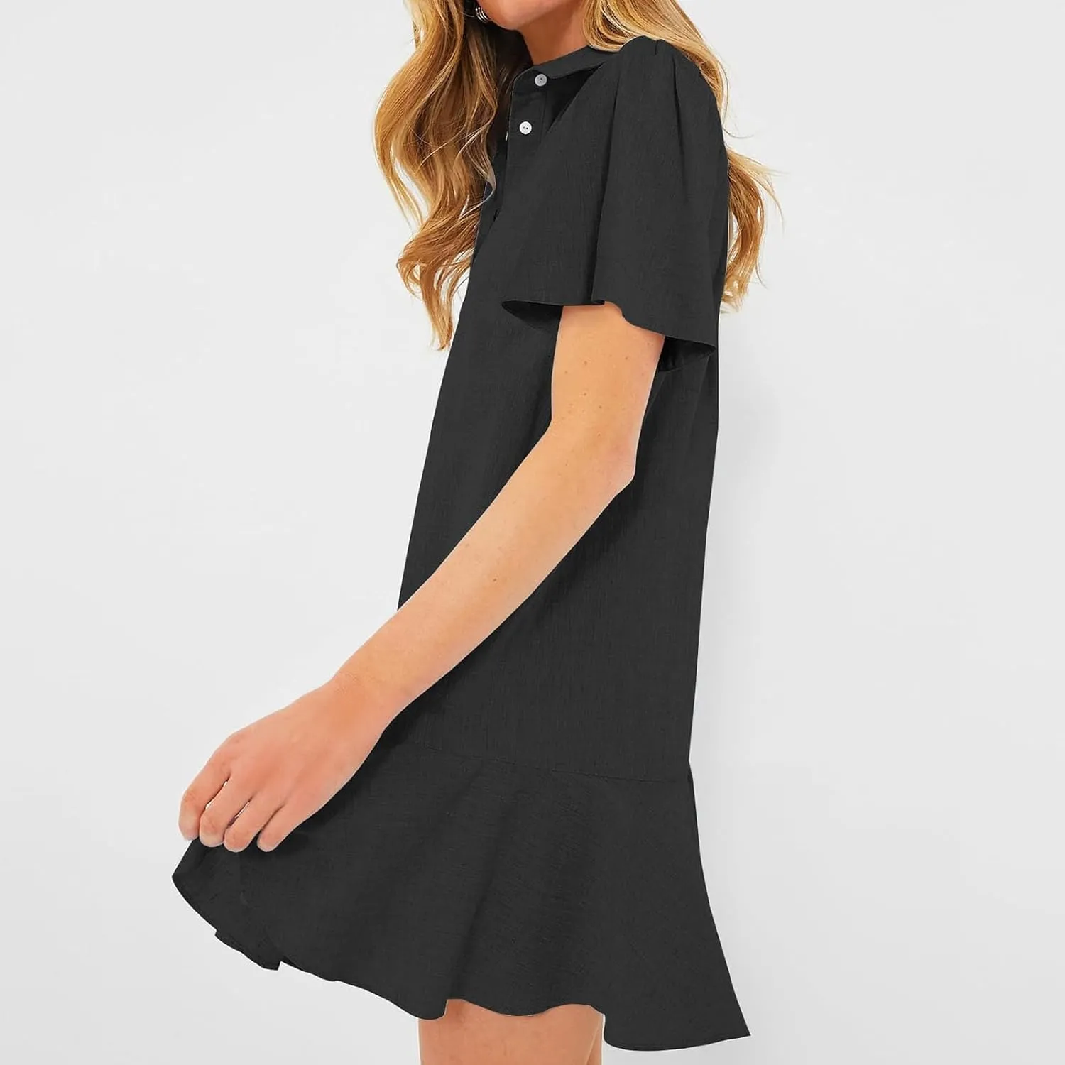 Shift Dress for Women 2025 Tunic Shirt Mini Dress Short Sleeve Cotton Linen Dress Button Up Ruffle Hem Flowy Sundress