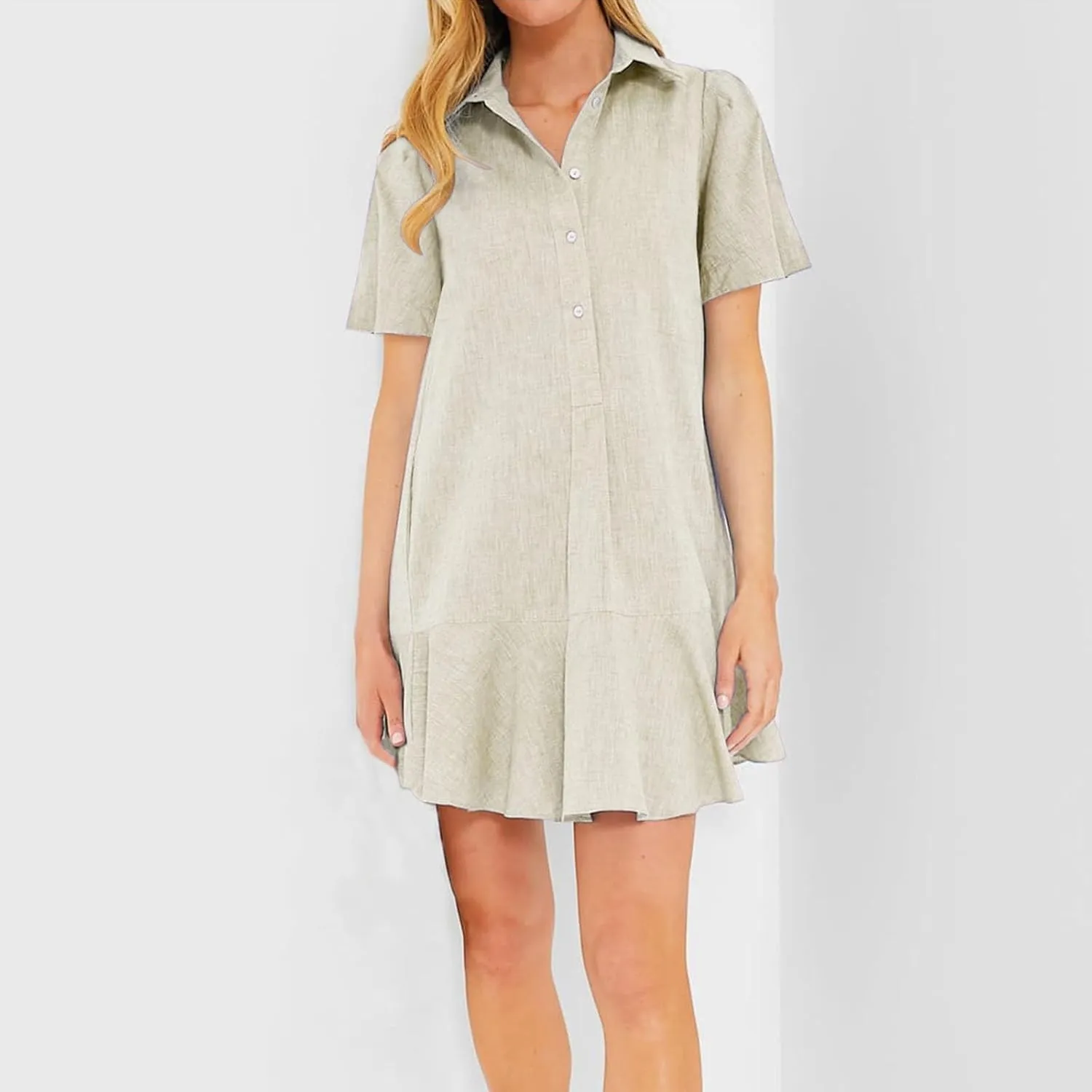 Shift Dress for Women 2025 Tunic Shirt Mini Dress Short Sleeve Cotton Linen Dress Button Up Ruffle Hem Flowy Sundress