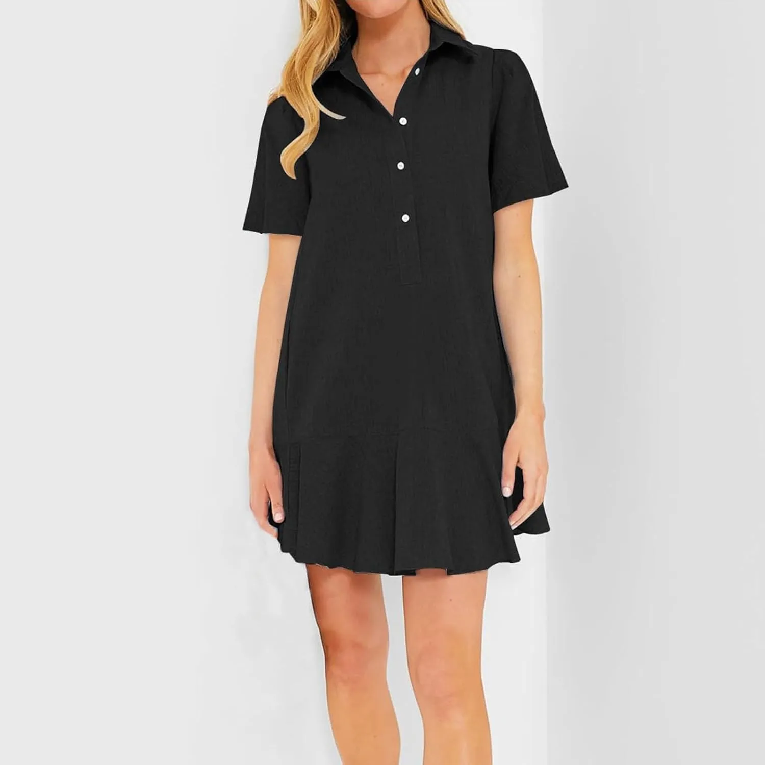 Shift Dress for Women 2025 Tunic Shirt Mini Dress Short Sleeve Cotton Linen Dress Button Up Ruffle Hem Flowy Sundress