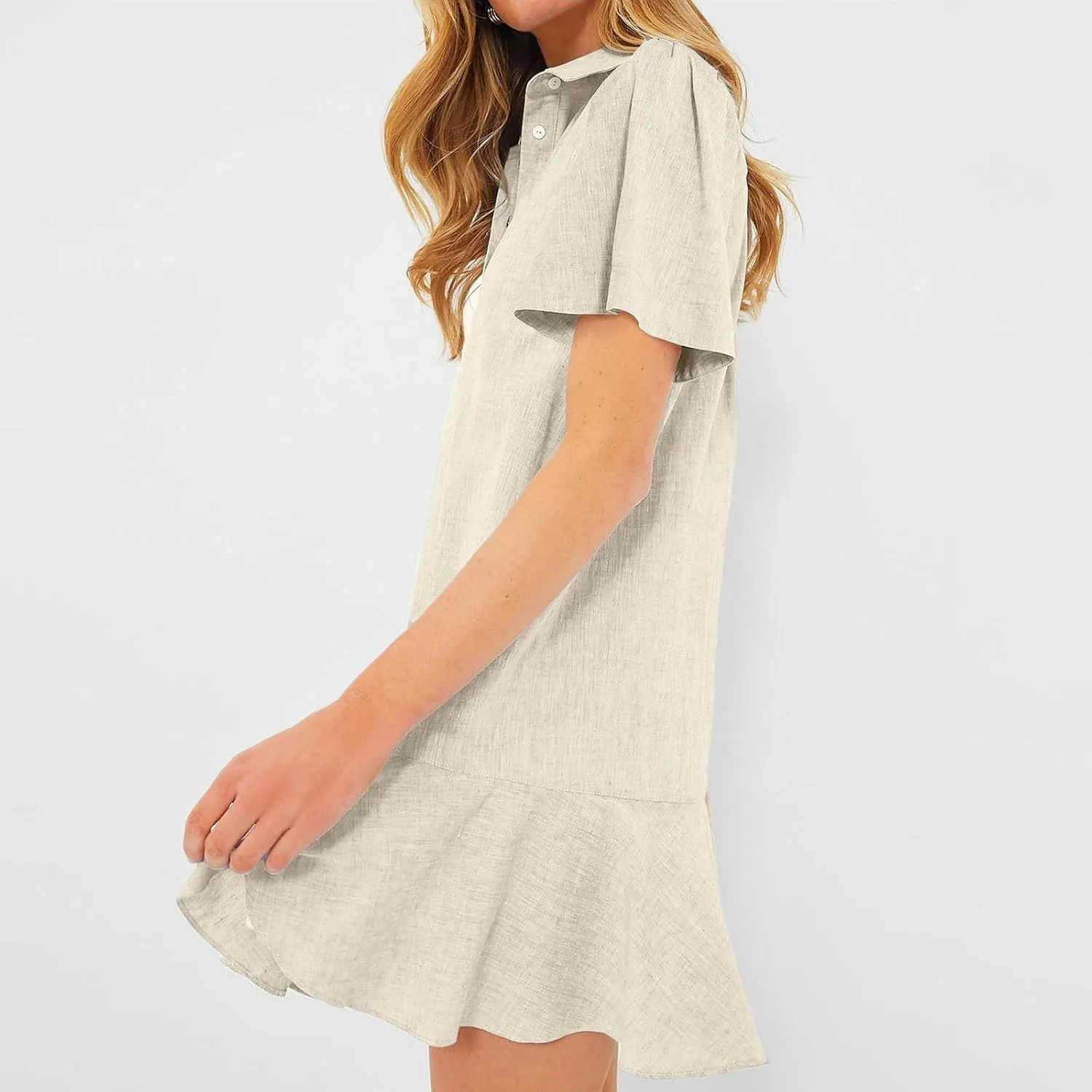 Shift Dress for Women 2025 Tunic Shirt Mini Dress Short Sleeve Cotton Linen Dress Button Up Ruffle Hem Flowy Sundress