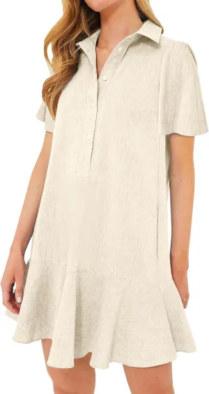Shift Dress for Women 2025 Tunic Shirt Mini Dress Short Sleeve Cotton Linen Dress Button Up Ruffle Hem Flowy Sundress