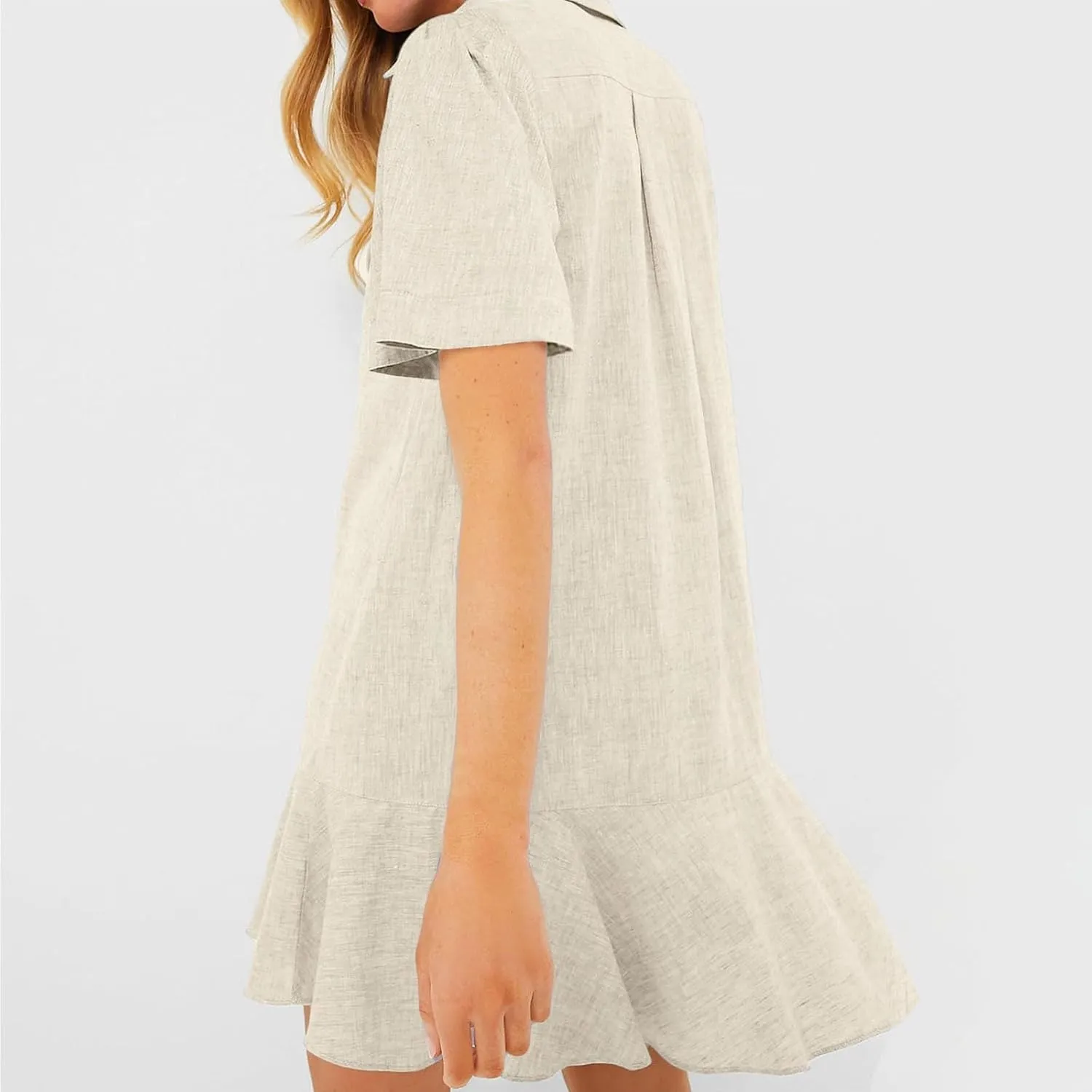 Shift Dress for Women 2025 Tunic Shirt Mini Dress Short Sleeve Cotton Linen Dress Button Up Ruffle Hem Flowy Sundress