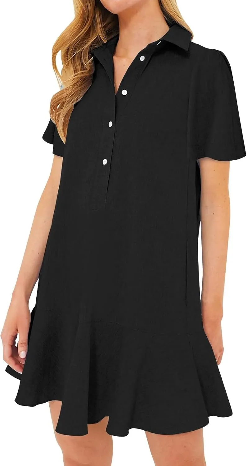 Shift Dress for Women 2025 Tunic Shirt Mini Dress Short Sleeve Cotton Linen Dress Button Up Ruffle Hem Flowy Sundress