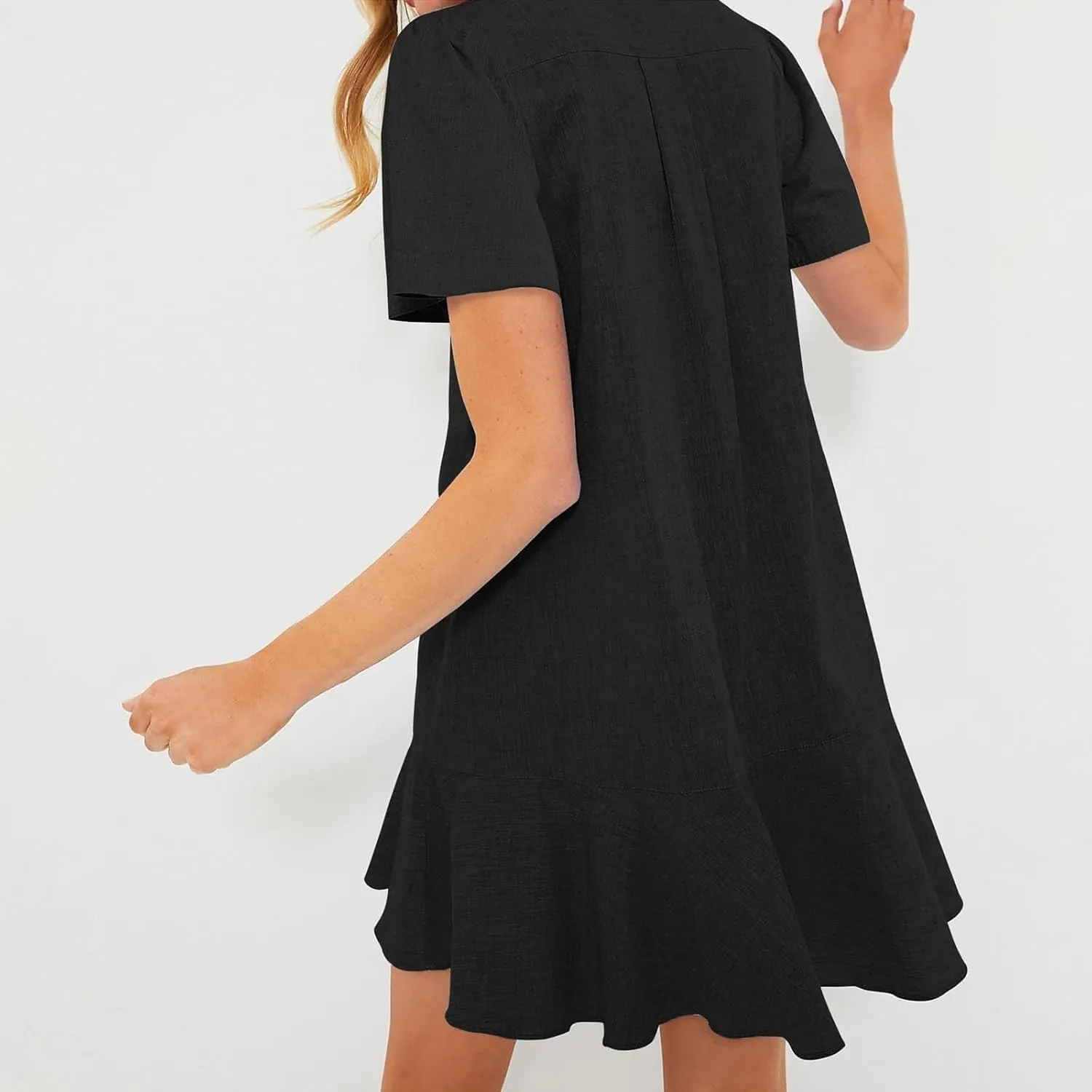 Shift Dress for Women 2025 Tunic Shirt Mini Dress Short Sleeve Cotton Linen Dress Button Up Ruffle Hem Flowy Sundress