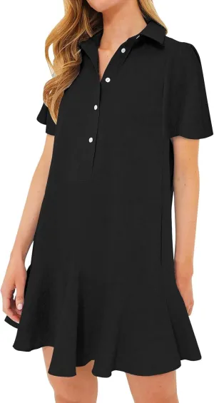 Shift Dress for Women 2025 Tunic Shirt Mini Dress Short Sleeve Cotton Linen Dress Button Up Ruffle Hem Flowy Sundress