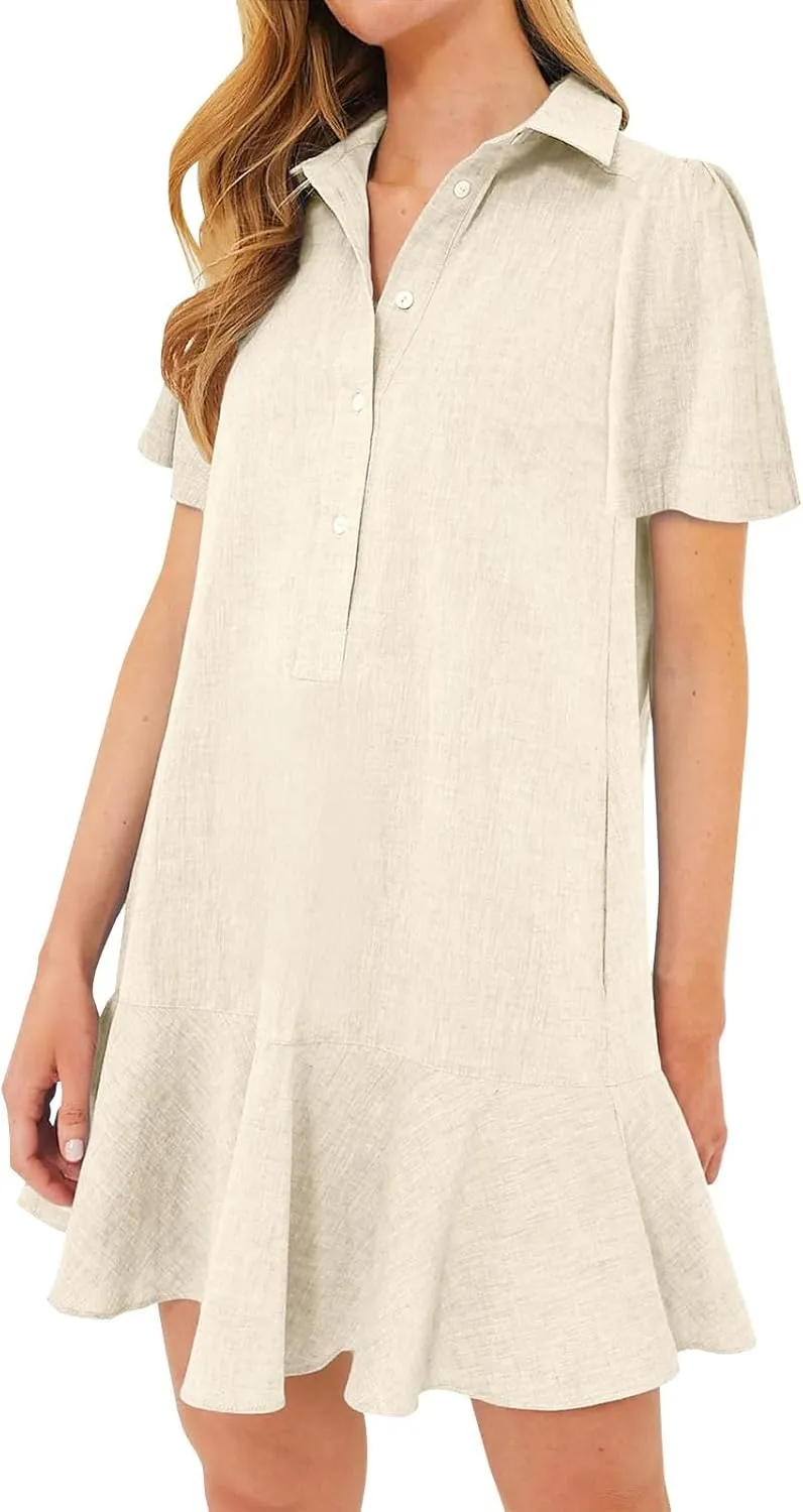 Shift Dress for Women 2025 Tunic Shirt Mini Dress Short Sleeve Cotton Linen Dress Button Up Ruffle Hem Flowy Sundress