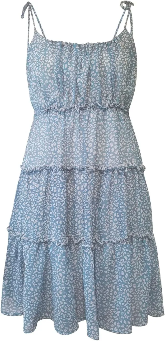Short Dress for Women Chiffon Floral Mini Skater Dress Flowy Smocked Sun Dresses Cute Teen Spaghetti Strap Tiered Dresses
