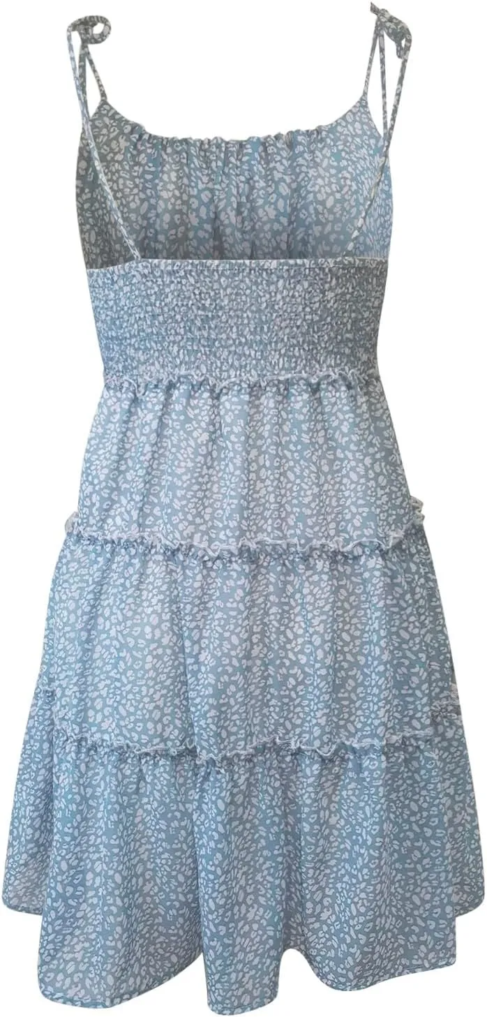 Short Dress for Women Chiffon Floral Mini Skater Dress Flowy Smocked Sun Dresses Cute Teen Spaghetti Strap Tiered Dresses