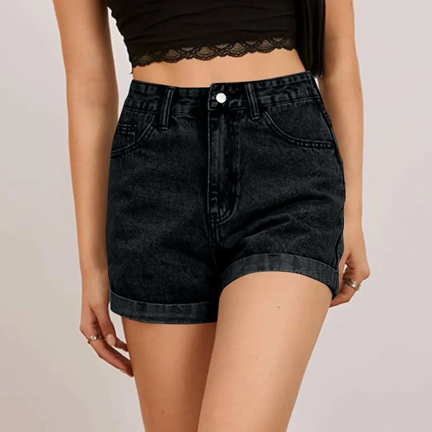 Shorts for Women High Waisted Stretch Fold Hem Wide Leg Jean Shorts Loose Fit Casual Denim Pants with Pockets