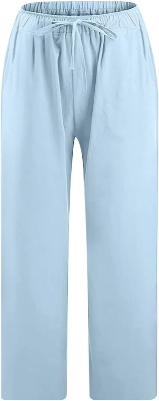 SMIDOW Cotton Linen Wide Leg Pants for Women Casual Summer Drawstring Elastic Waist Capris Loose Cropped Trouser with Pockets