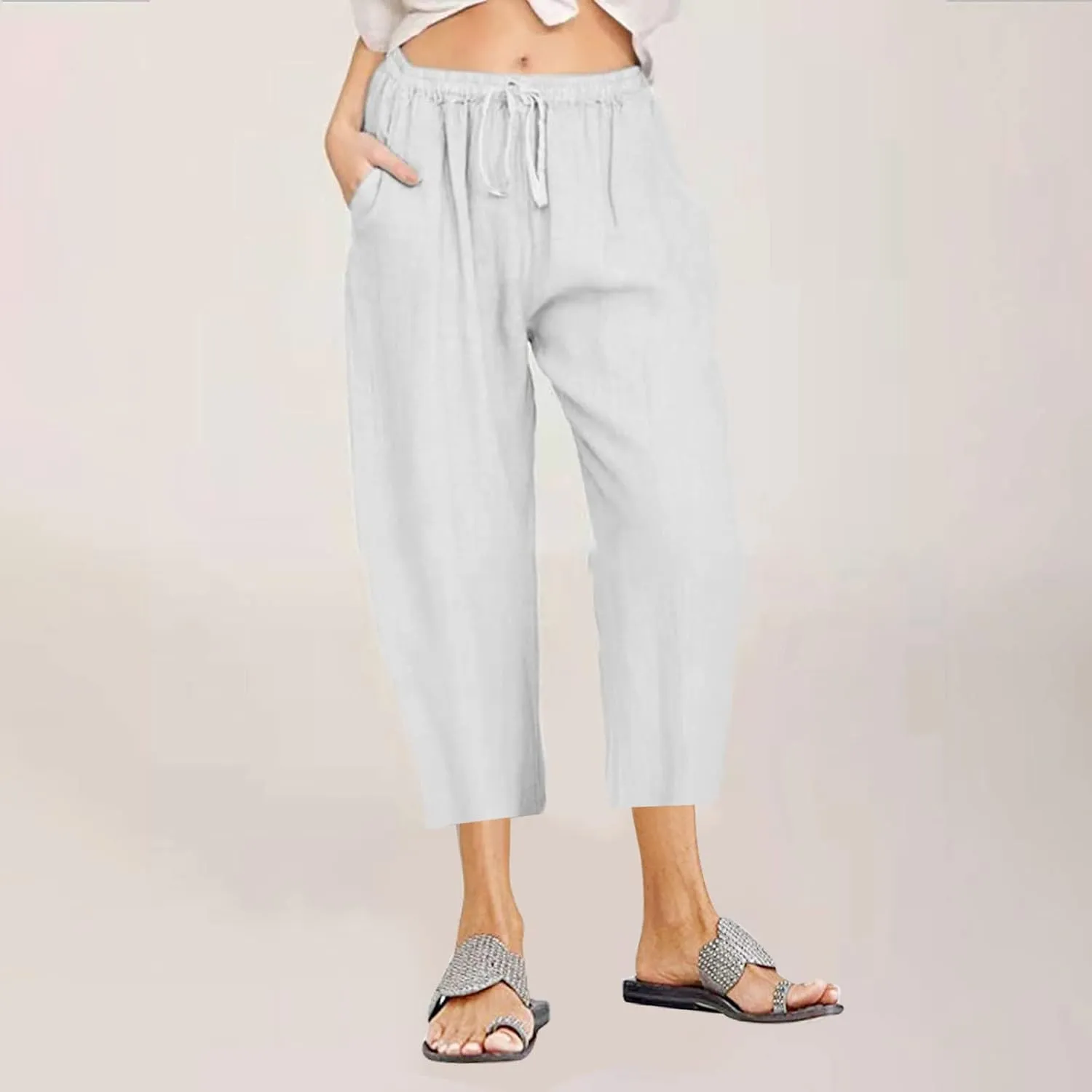 SMIDOW Cotton Linen Wide Leg Pants for Women Casual Summer Drawstring Elastic Waist Capris Loose Cropped Trouser with Pockets
