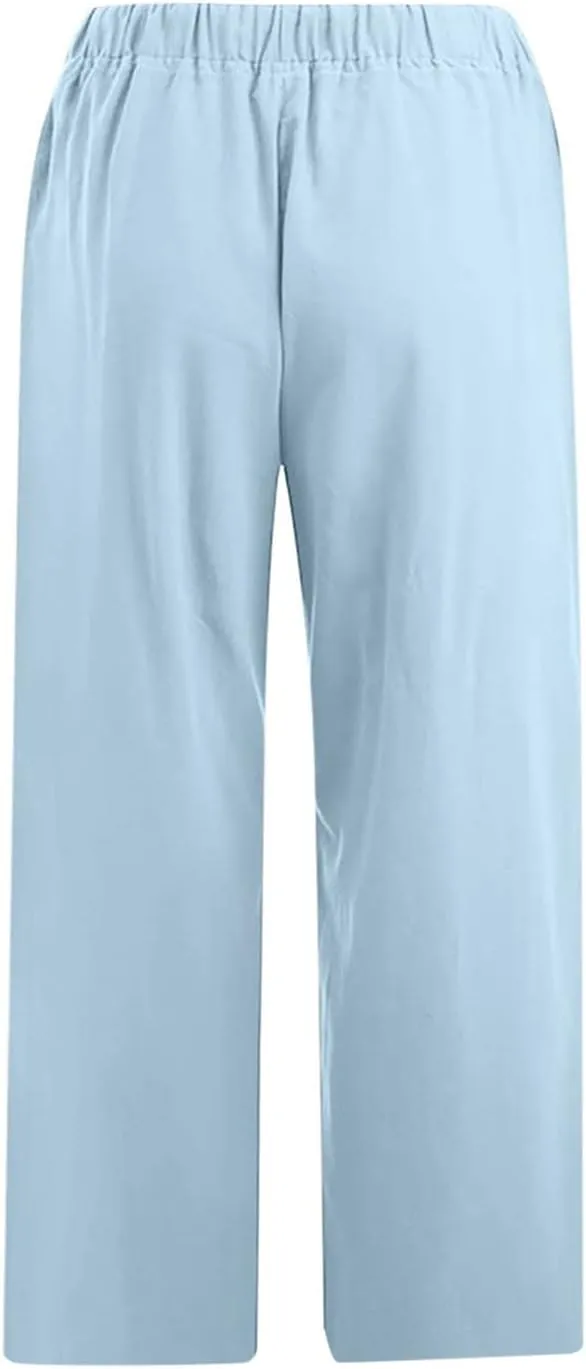 SMIDOW Cotton Linen Wide Leg Pants for Women Casual Summer Drawstring Elastic Waist Capris Loose Cropped Trouser with Pockets