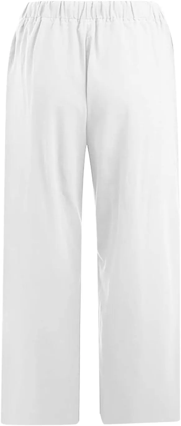 SMIDOW Cotton Linen Wide Leg Pants for Women Casual Summer Drawstring Elastic Waist Capris Loose Cropped Trouser with Pockets