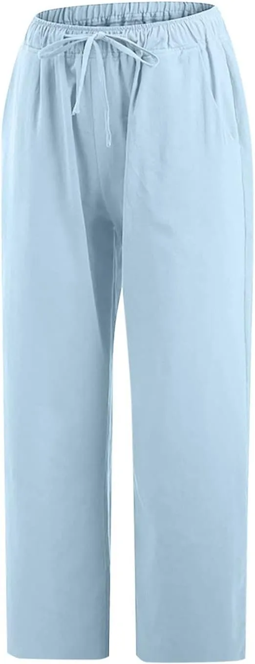 SMIDOW Cotton Linen Wide Leg Pants for Women Casual Summer Drawstring Elastic Waist Capris Loose Cropped Trouser with Pockets