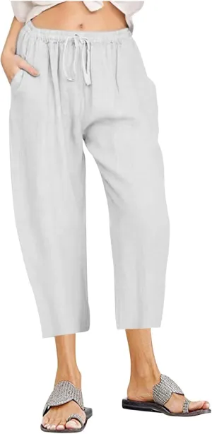 SMIDOW Cotton Linen Wide Leg Pants for Women Casual Summer Drawstring Elastic Waist Capris Loose Cropped Trouser with Pockets