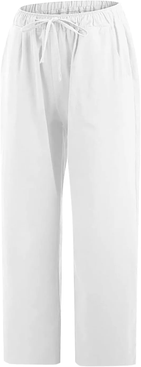 SMIDOW Cotton Linen Wide Leg Pants for Women Casual Summer Drawstring Elastic Waist Capris Loose Cropped Trouser with Pockets