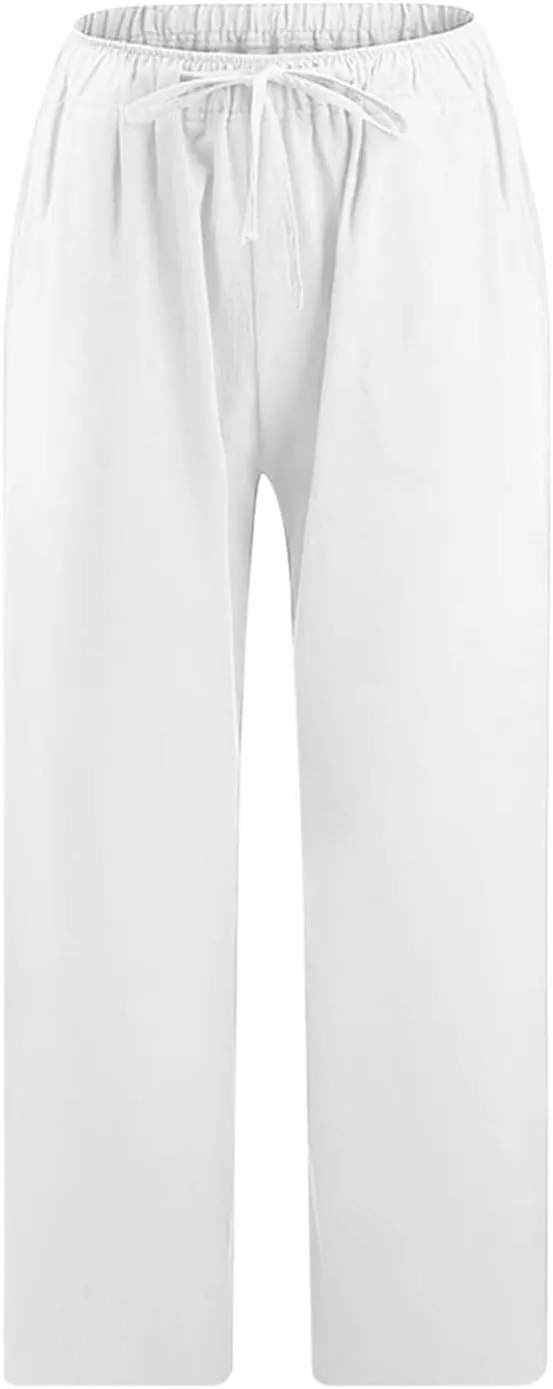 SMIDOW Cotton Linen Wide Leg Pants for Women Casual Summer Drawstring Elastic Waist Capris Loose Cropped Trouser with Pockets