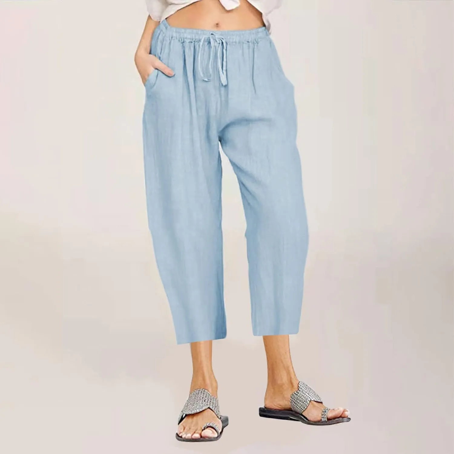 SMIDOW Cotton Linen Wide Leg Pants for Women Casual Summer Drawstring Elastic Waist Capris Loose Cropped Trouser with Pockets