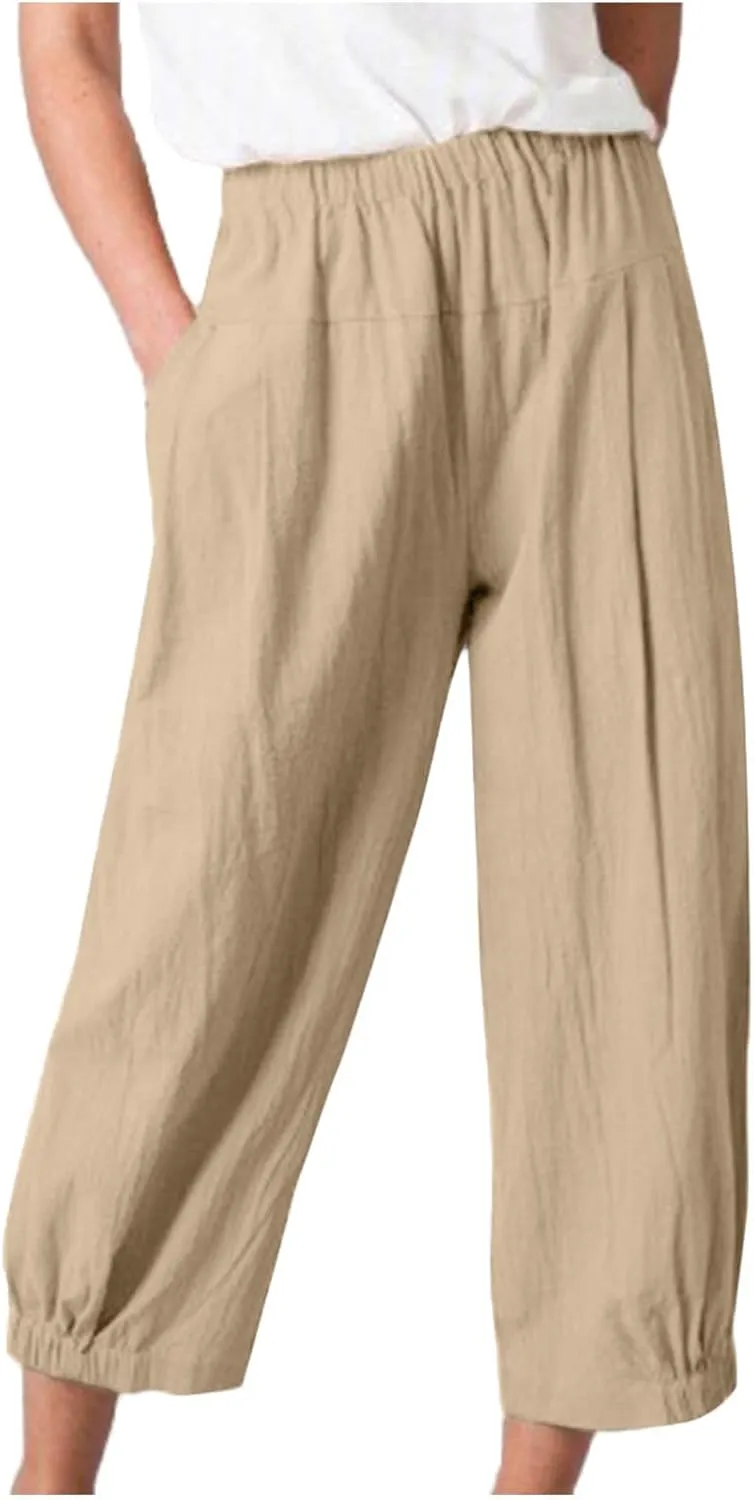 SMIDOW Women's Capris and Cropped Pants Dressy Casual Cotton Linen Pant Elastic High Waist Loose Wide Leg Long Trousers