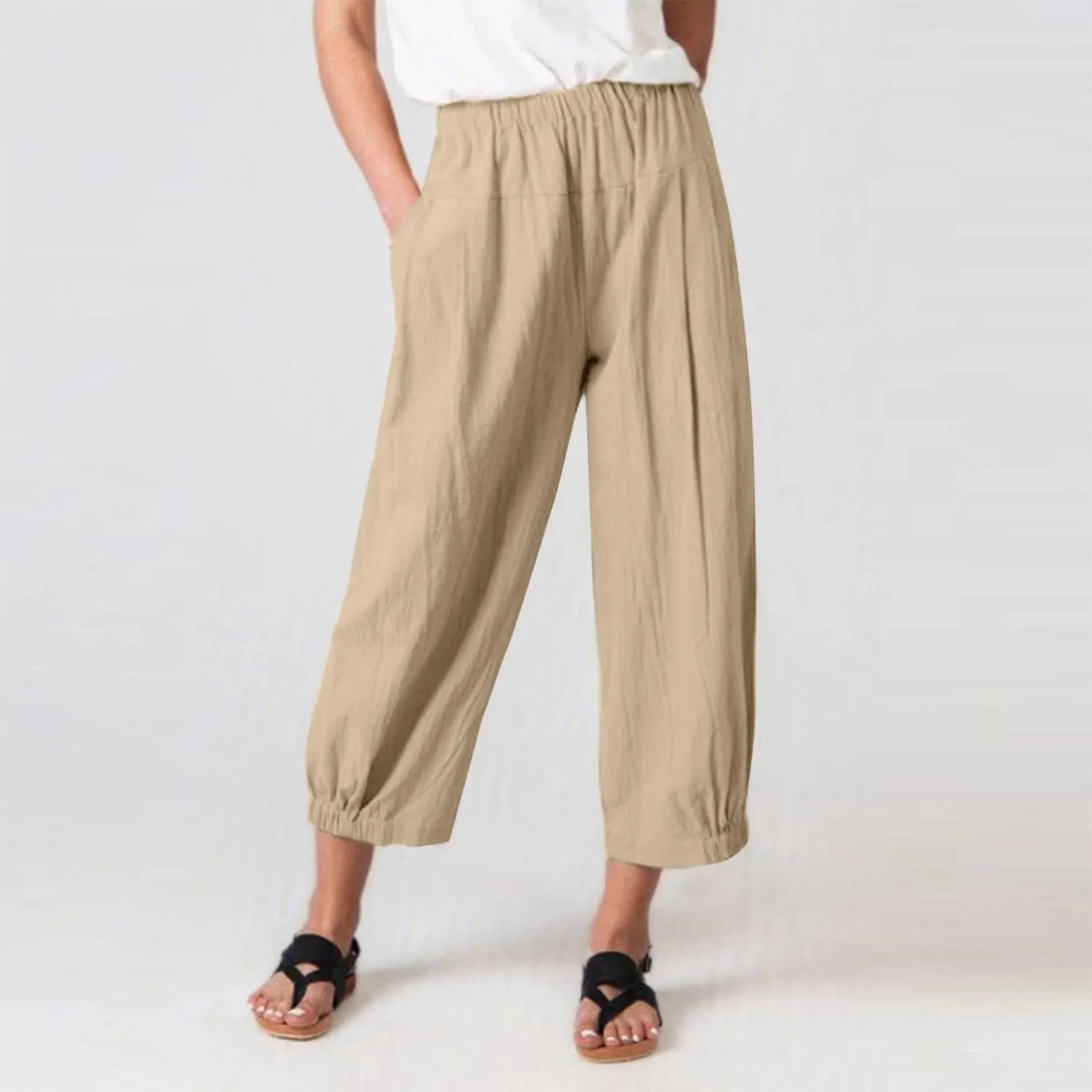 SMIDOW Women's Capris and Cropped Pants Dressy Casual Cotton Linen Pant Elastic High Waist Loose Wide Leg Long Trousers