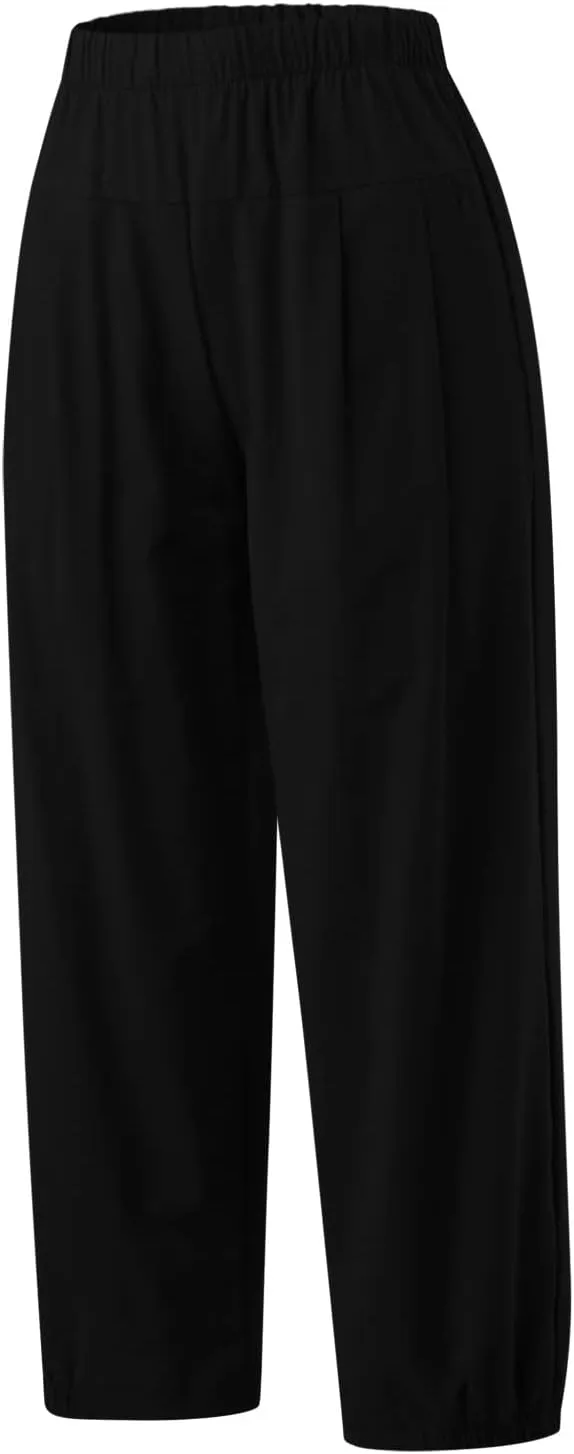SMIDOW Women's Capris and Cropped Pants Dressy Casual Cotton Linen Pant Elastic High Waist Loose Wide Leg Long Trousers
