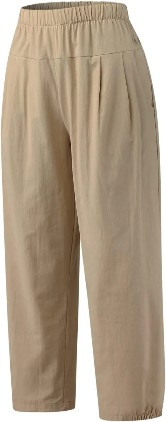 SMIDOW Women's Capris and Cropped Pants Dressy Casual Cotton Linen Pant Elastic High Waist Loose Wide Leg Long Trousers