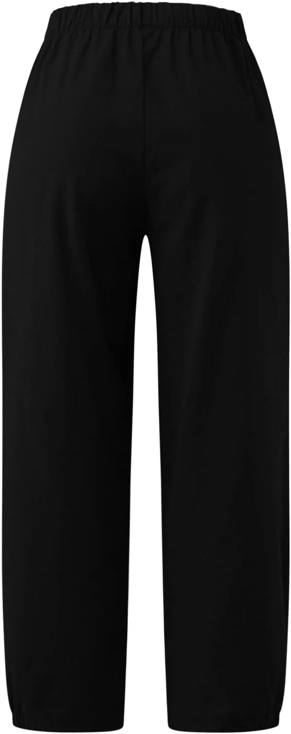 SMIDOW Women's Capris and Cropped Pants Dressy Casual Cotton Linen Pant Elastic High Waist Loose Wide Leg Long Trousers