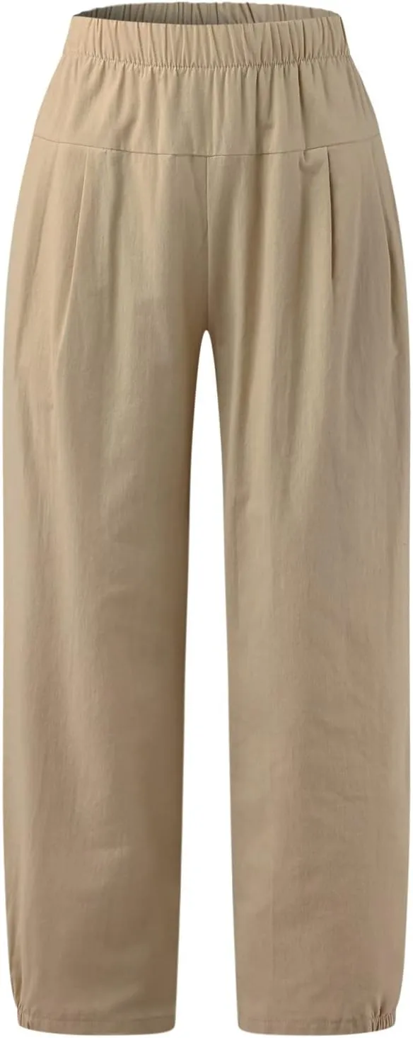 SMIDOW Women's Capris and Cropped Pants Dressy Casual Cotton Linen Pant Elastic High Waist Loose Wide Leg Long Trousers